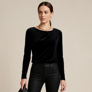Maison D' Amelie Black Long Sleeve Velvet Crew Neck Top